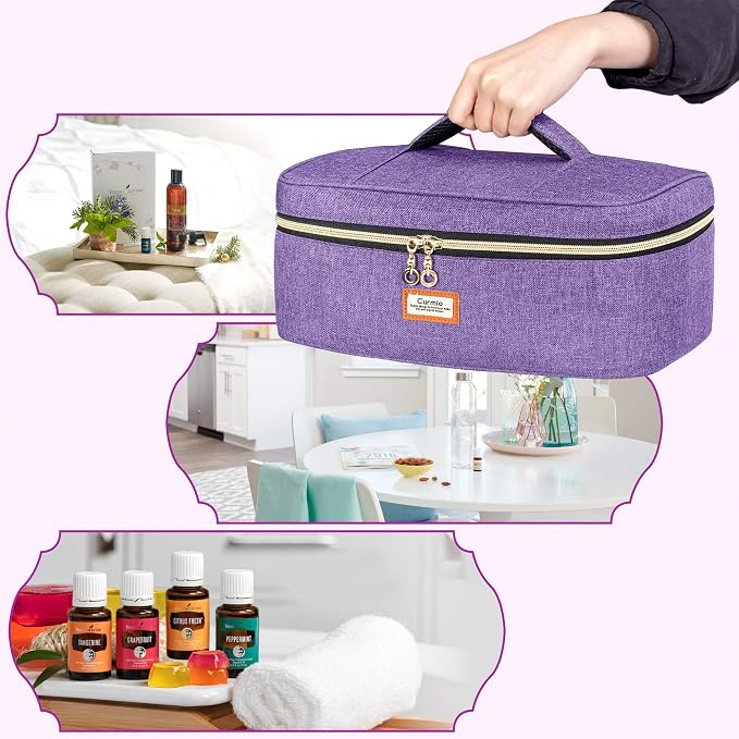 CURMIO Essential Oil Storage Case for 40 Bottles (5ml-30ml), Essential Oils Organizer Case with 2 Detachable Visible Pouches and Portable Handle, Patented Design, Purple (Bag Only)