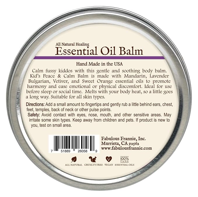 Fabulous Frannie Kid's Peace & Calm All Natural Essential Oil Healing Balm made with Sunflower Oil, Coconut Oil, Shea Butter, Beeswax, Soy Wax, Aloe Vera and Pure Essential Oils 3.5oz Tin