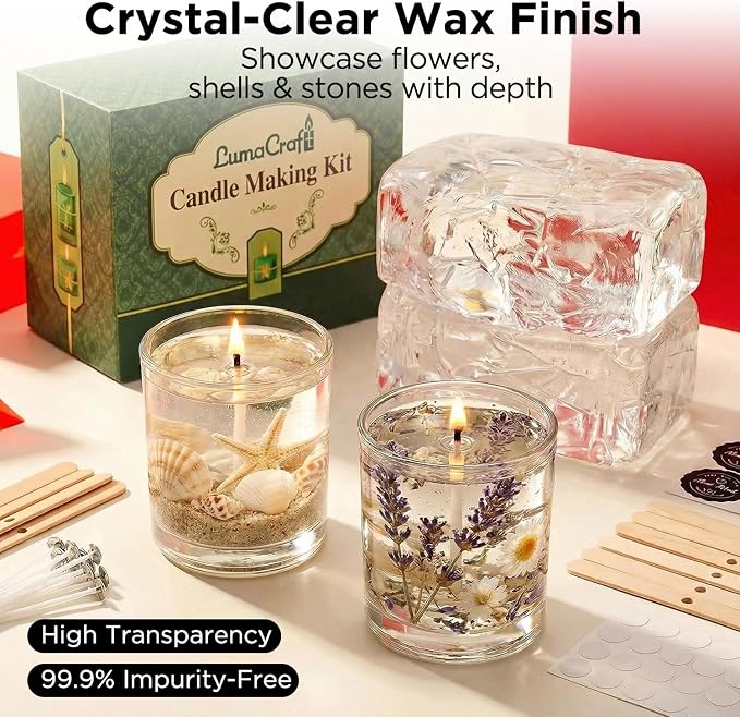 LumaCraft Clear Gel Wax Candle Making Kit – 2.2LB Transparent Jelly Wax with Boutique Fragrance Oils, Dyes, Glass Jars, Wicks & Decor Supplies, Luxury Complete DIY Starter Kit for Beginners & Adults