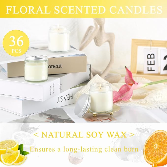 ACITHGL 36 Pcs 4oz Mini Mason Jar Candles Small Scented Candles Bulk Aromatherapy Ideal Souvenir Favors for Wedding Birthday Party (Lemon, Citrus, Coconut Milk, Silver)