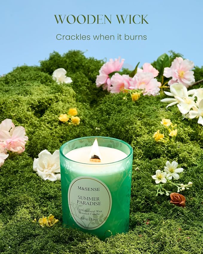 M&SENSE Summer Paradise Scented Candle | Cracking Wooden Wick, Soy Wax, 18oz, 100 Hours Long Lasting, Non-Toxic Aromatherapy