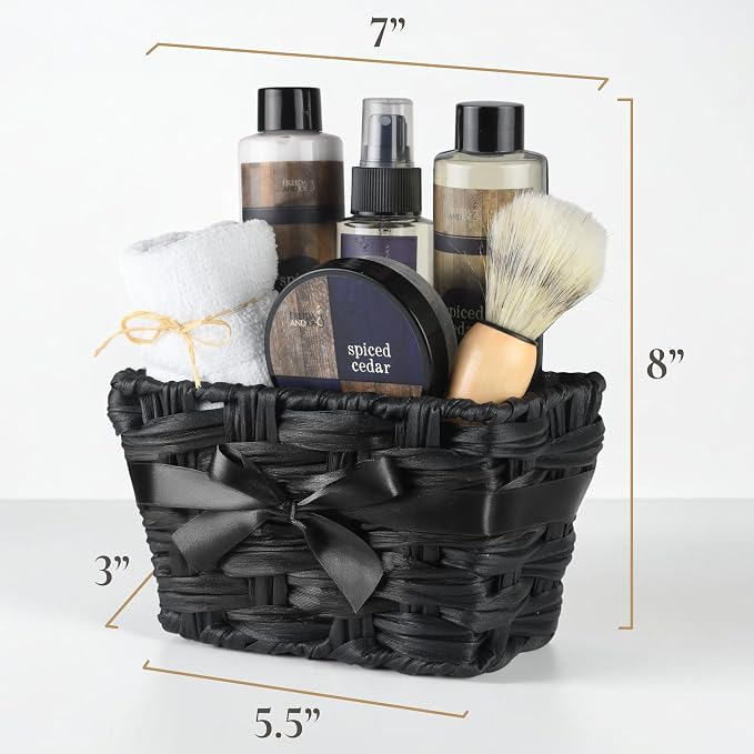 Freida & Joe Spiced Cedar Men's Spa Gift Basket- Self Care Gifts for Him | Shower Gel, Body Lotion, Body Mist, Body Scrub, Beard Brush & Towel
