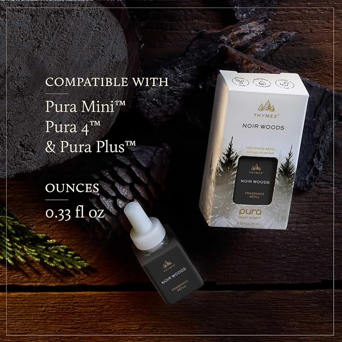 Thymes Pura Refills – 2 Pack of Oil Diffuser Scents – Long-Lasting Pura Diffuser Refills – Premium Home Fragrance – Notes of Fresh Evergreen, Smoky Wood & Golden Amber (Noir Woods, Pack of 2)
