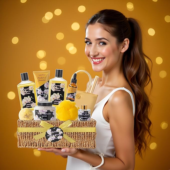 Spa Kit Gifts for Women Gift Basket, 15Pcs Bath and Body Spa Gift Basket | Home Spa Self Care with Purse Handbag, Relaxing Pampering Care Kit Orchid Jasmine Gifts for Birthday, Mom, Anniversary