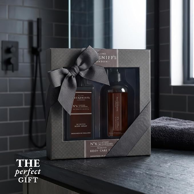 Pecksniff’s Men’s Body Duo Set – Leather & Oakmoss Scented Bath & Shower Gel 250ml & Body Spray 100ml – Luxury Grooming Gift Set for Him