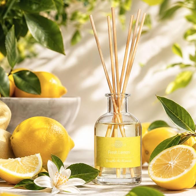 Natural Reed Diffuser Set, Fresh Lemon 3.52 oz (100ml) Scented Diffuser with Sticks Home Fragrance Reed Diffuser for Bathroom Shelf Decor, Ideal Gift for Woman