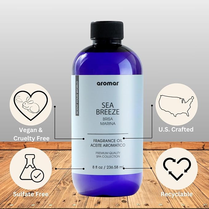 AROMAR Premium Fragrance Oil, Long-Lasting, Refreshing Uplifting Aroma for Aromatherapy, Relaxation & Household Uses. Sea Breeze 8oz