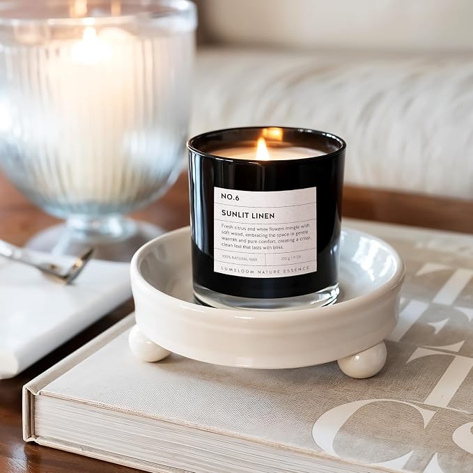Sunlit Linen Luxury Scented Candles, 9oz Soy Wax Candles for Home Scented, Linen, Jasmine, White Lemon, Wood Scent, Long Burning Time, Gifts for Women, Friends, Men, Sister, Housewarming