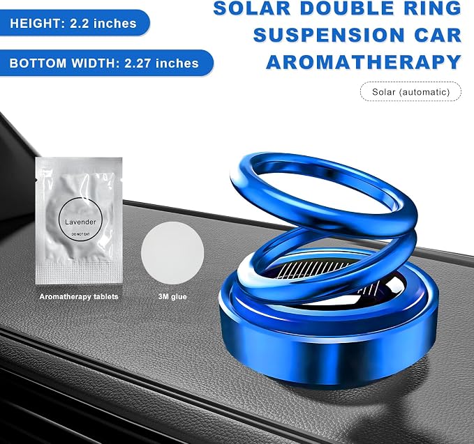 Solar Rotating Car Air Freshener, Solar Energy Refillable Car Dashboard Aromatherapy Ornament, Double Ring Fragrance Diffuser Decorative Accessories for Vehicle Home Office (Blue)