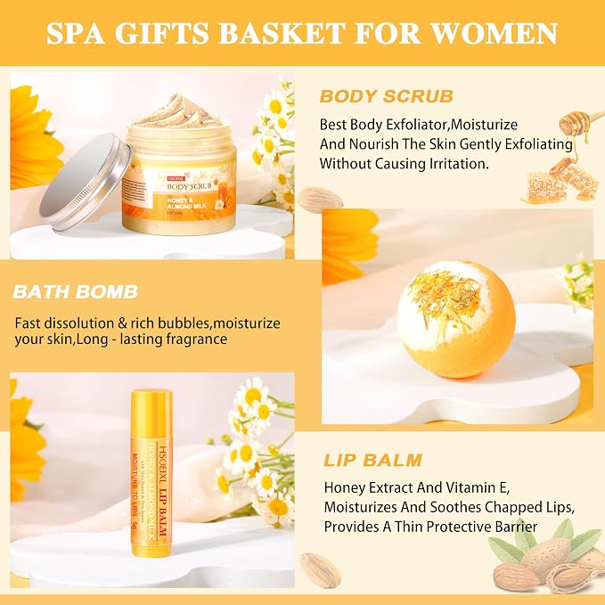 Gifts for Women, Birthday Gift for Women, 9 Pc Almond Milk & Honey Bath and Body Gifts Set, Self Care Gifts Spa Gift Basket, Relaxing Bath Sets for Mom, Girlfriend, Sister, Female Friends, Coworker