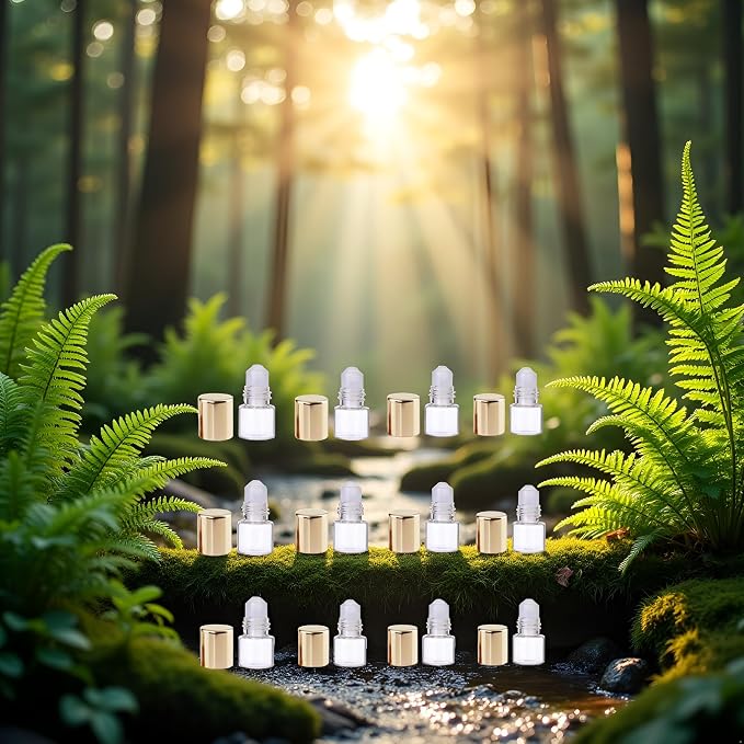 Glass Essential Oil Roller Bottles,12 Pcs Gold 1ml Mini Glass Roll on Bottles Roller Refillable Essential Oil Aromatherapy Sample Vials Container, Refillable Cosmetic Roller Bottles