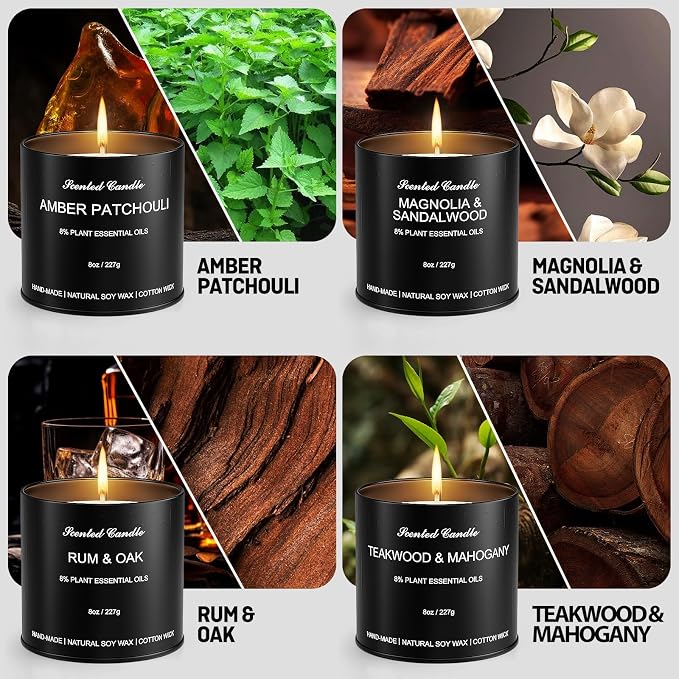 Scented Candles for Men Set - 4 Pack Luxury Soy Wax Candles, 8oz Large Strong Scented Candles, Masculine Essential Oil Candles for Home, Aromatherapy Gift of Dad, Husband, Boyfriend