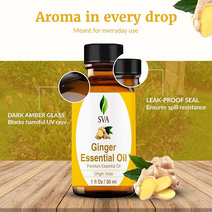SVA Ginger Essential Oil 1 Fl Oz – for Diffuser, Skin & Hair Care – Ideal for Massage & DIY Blends - with Dropper