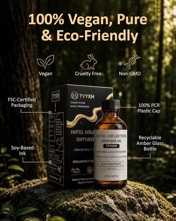 Hotel Diffuser Oil Inspired by Tokyo Peninsula – Fragrance & Essential Oil Blend for Waterless & Cold Air Diffusers – Sansho, Lemon, Sandal – Long-Lasting Aroma – Aromatherapy – 4 Fl Oz Glass Bottle
