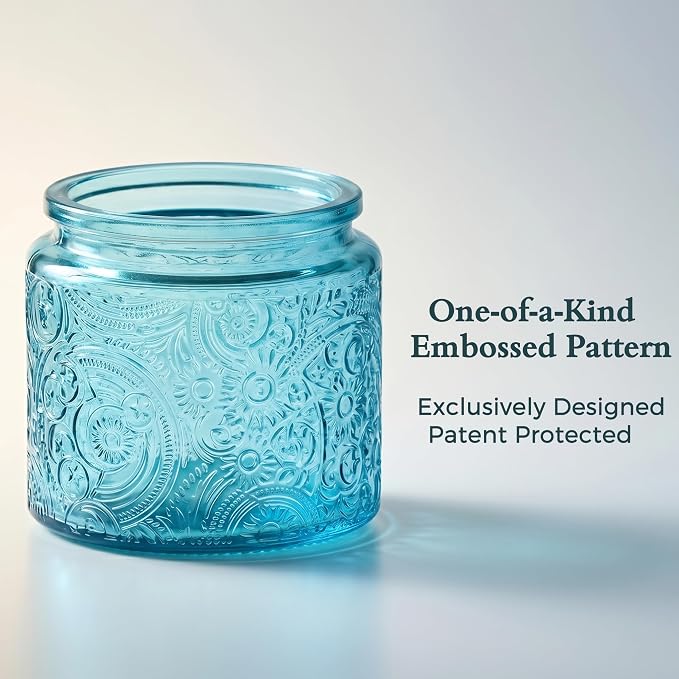 10 oz Blue Sun Moon Stars Candle Jars with Metal Lids, 9 Pack | Patented Embossed Design, Includes Wick Centering Devices & Warning Labels, Multiple Color Options