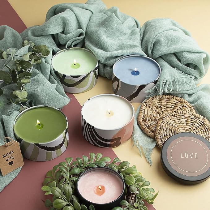Hearth & Harbor Tin Candle Jars for Making Candles - DIY Candle Containers with Lids - Metal Candle Jars - Bulk Tins Storage for Candle - (12 Pieces) - (8 Ounces) - Painted Illustration