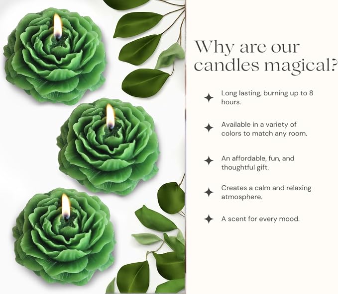 Peony Flower Shaped Candle with Scent, Soy Wax Blend Aromatherapy Candle, Gift Candle, Gifts for Women, Candles for spa, Stress Relief, Meditation, Wedding, Home Decor, Relaxing Atmosphere, (Green)