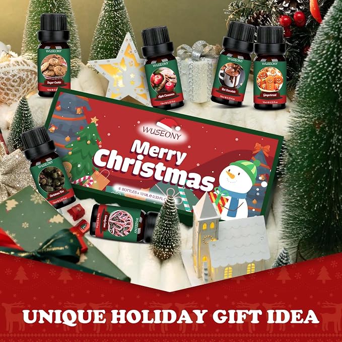 WUSEONY Christmas Fragrance Oils Set, Essential Oils for Diffusers Home, Aromatherapy Oils Gift for Candle Making - Christmas Tree, Apple Cinnamon, Gingerbread, Candy Cane, Sugar Cookie, Hot Chocolate