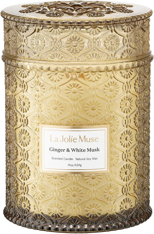 LA JOLIE MUSE Ginger & White Musk Candle | Ginger, Lemongrass & Musk | 19 oz Wooden Wick | Natural Soy Wax | 90 Hours Clean Burn | Gift-Ready for Hosts & Gathering| Seasonal Home Décor