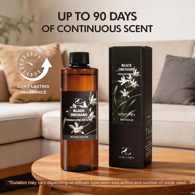 Diffuser Oil Refill, 250ml / 8.45 fl oz, Black Orchard - Reed Diffuser Oil Refill for Home Fragrance, Scented Oil for Reed Diffuser Bottles, Jasmine, Sandalwood & Musk Notes