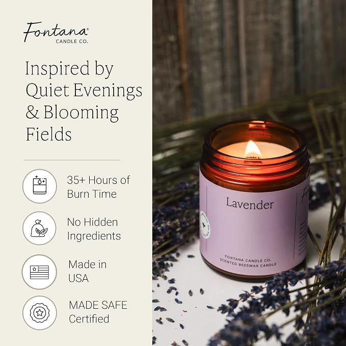 Fontana Candle Co Wood Wick Beeswax Jar Candle, Lavender – Made Safe with Coconut Oil & Pure Essential Oils – 35+ Hrs Clean Burn, Long Lasting and Non-Toxic Candles for Home & Room Decor