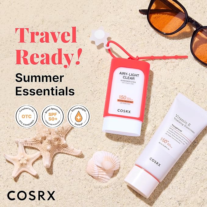 COSRX Vitamin E Sunscreen & Airy Light Sunscreen Stick with Free Keyring, Amazon Exclusive, Korean Sunscreen for Oily Skin, Beach Essentials, Summer Travel Essentials, Korean Skin Care Set