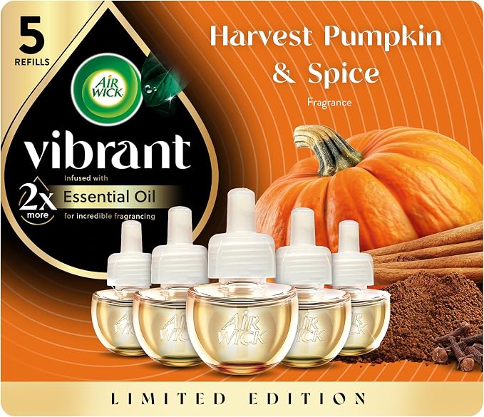 Air Wick Vibrant Plug-In Scented Oil Refills, 5 Count, Harvest Pumpkin & Spice, Air Freshener, Essential Oils