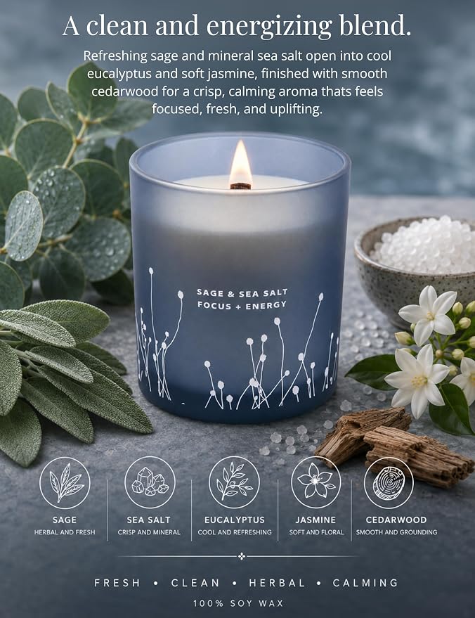 White Sage Sea Salt Wood Wick Soy Scented Candle, 10.6 oz | Sage Candle for Cleansing House | Aromatherapy Energy Cleansing Candle for Home, Meditation, Clean Burning Long Lasting