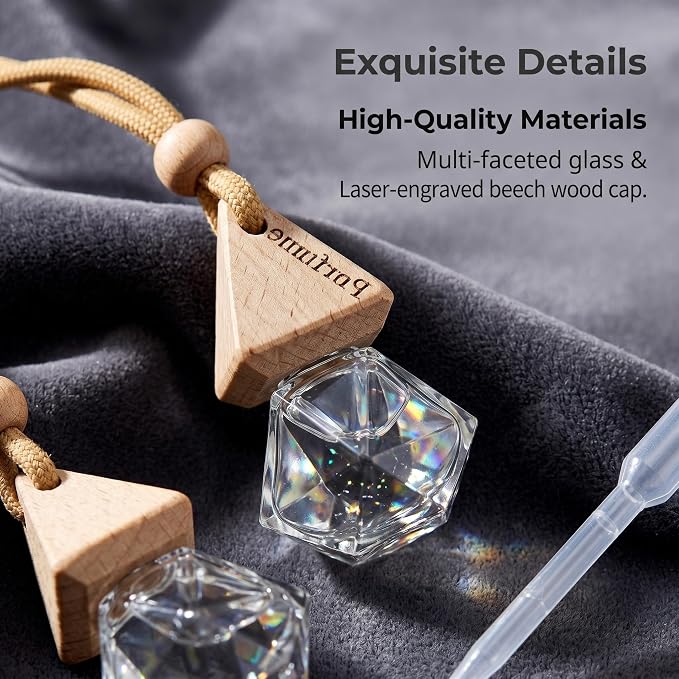 2-Pack Rhombus Refillable Hanging Car Diffuser Empty Glass Bottle | Wood cap hanging aroma pendant with dropper, holds essential oils for car home closet office