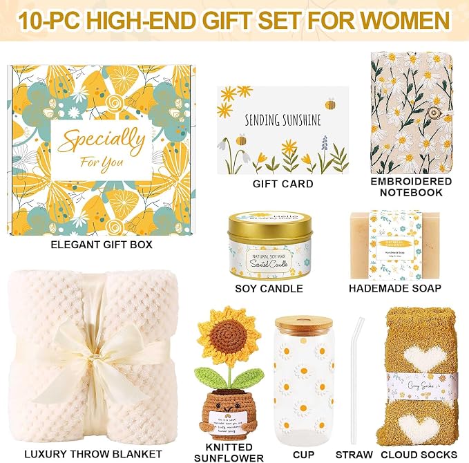 Self Care Gifts for Women Gift Baskets，Sending Sunshine Thinking of You Care Package Spa Gift Sets, Mothers Day Birthday Gifts for Women Mom Sister Wife Grandma Best Friends Her - Ivory