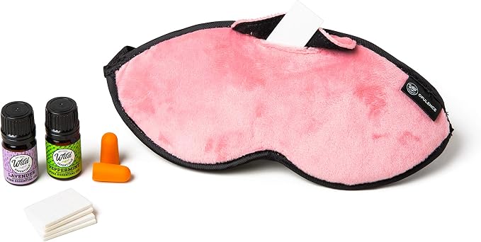 Redolence Aromatherapy Plush Sleep Mask Set w/ 2-5ml Pure Essential Oils - Lavender and Peppermint, 5 Refill Pads and Pair of Foam earplugs (Pink)
