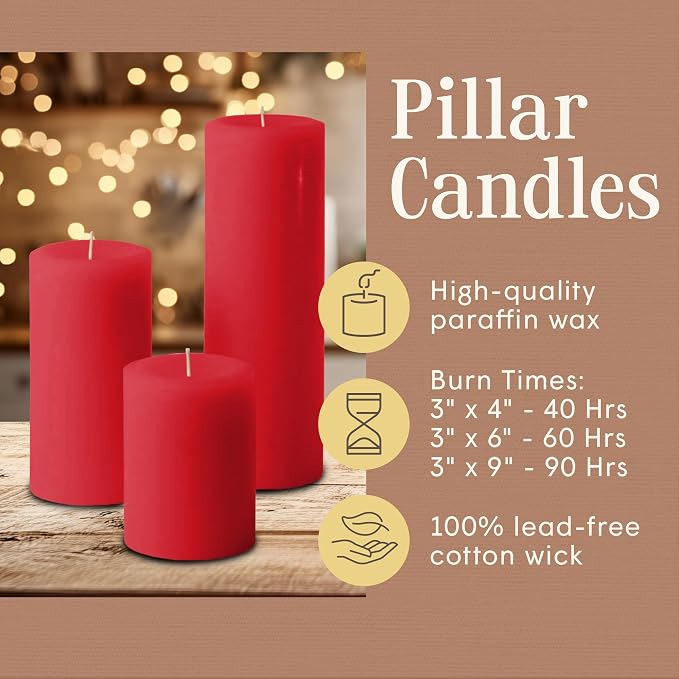 Mister Candle Unscented Dripless Red Pillar Candles Set of 3, Hand Poured 3 Inch Candles, Premium Wax, Decorative Pillars, (3" x 4", 3" x 6", and 3" x 9", Red)