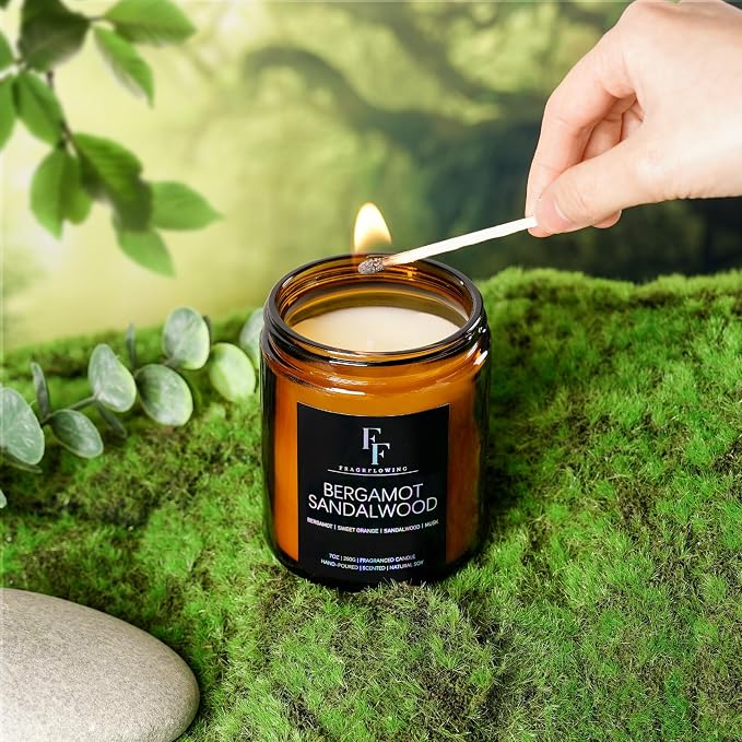 Bergamot Sandalwood Candle, Scented Candle for Home Soy Wax Candle, Aromatherapy Candle Gift for Women Men, 7oz