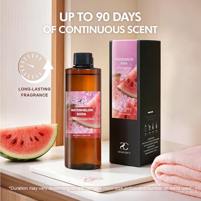 Diffuser Oil Refill, 250ml / 8.45 fl oz, Watermelon SODA - Reed Diffuser Oil Refill for Home Fragrance, Scented Oil for Reed Diffuser Bottles, Watermelon, Rose & Eucalyptus Notes