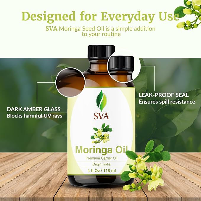 SVA Moringa Seed Oil 4 Fl Oz - for Face, Skin Care, Hair Care, Scalp Massage & Body Massage – Carrier Oil with Dropper