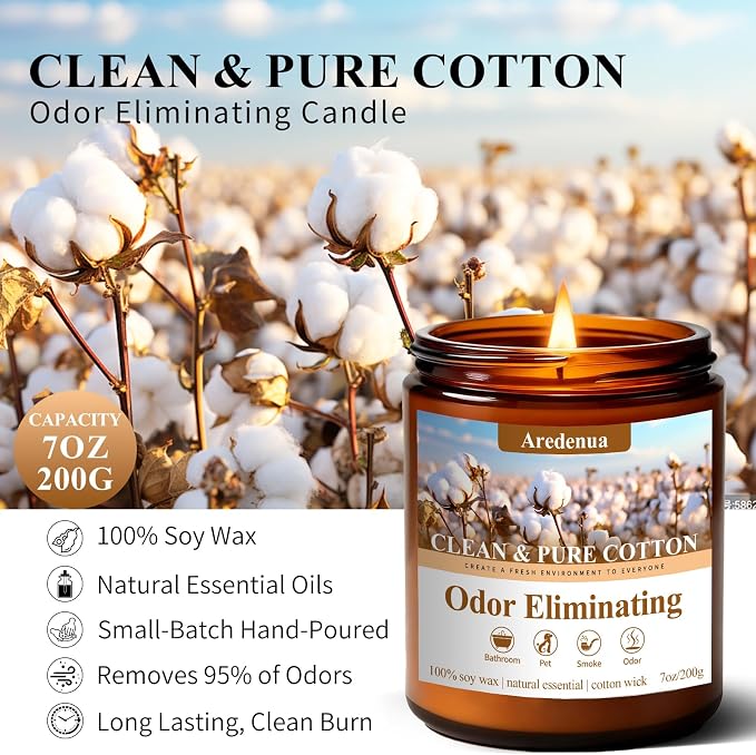 Clean & Pure Cotton Odor Eliminating Candles | Eliminates 95% of Pet, Smoke, Food & Other Smells – Fresh Air Scented Candle Gentle for Family - Up to 50 Hour Burn time - 7 Oz Natural Soy Wax