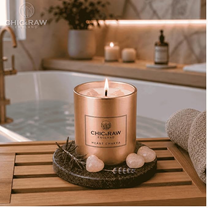 Aromatherapy Candle with 2 Pure Rose Quartz Gems, Scented Candle in Rose Gold, Luxury Long-Lasting Burn Soy Wax, White Tea & Ginger Candle for Home Scented, Unique Healing Gifts,7.05oz