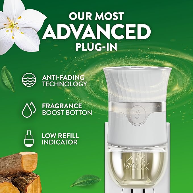 Air Wick Plug-In Scented Oil Refills, 4 Count, Warm Woods & Jasmine, Air Freshener, Essential Oils