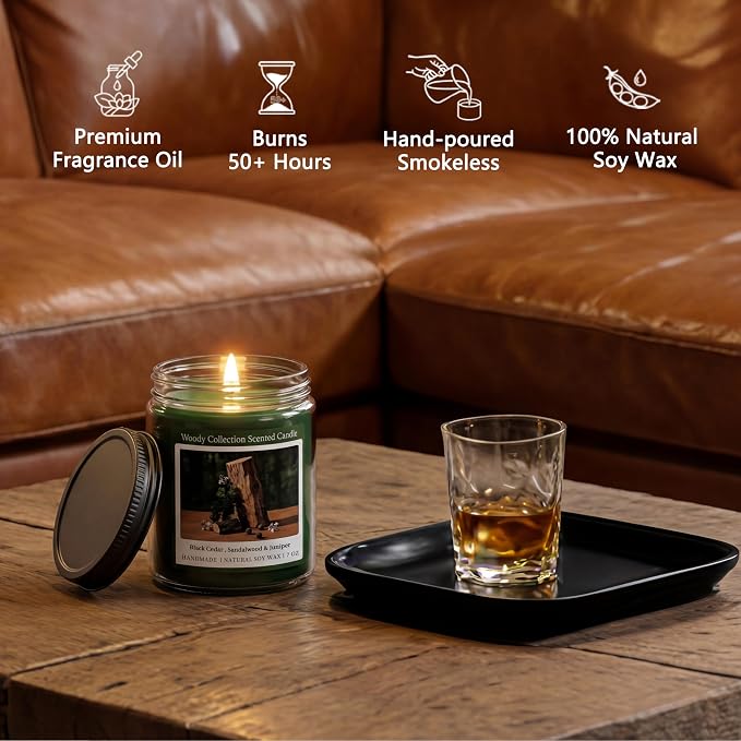Homsolver Sandalwood Scented Candle, Natural Soy Candles with 50+ Hour Burn, 7oz Black Cedar & Sandalwood with Juniper Jar Candle, Woody Aroma for Home, Bedroom, Office, Calm and Grounded Fragrance