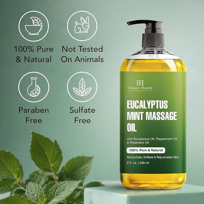 Botanic Hearth Eucalyptus Massage Oil 8 Fl Oz | Refreshing, Relaxing Massage Oils for Muscle Relaxing & Joint Comfort | Made with Natural Oils | for All Skin Types, for Men & Women