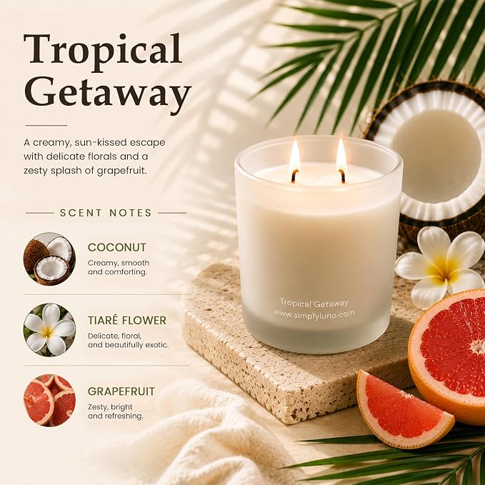 Tropical Getaway Coconut & Grapefruit Scented Candle | 14oz Soy Wax | 50+ Hour Long Lasting Burn | Reusable Glass Candle Jar with Bamboo Lid & Eco Friendly Gift Box |Luxury Scented Candle for Home