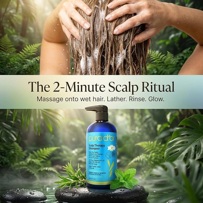 PURA D'OR Scalp Therapy Shampoo Hydrates & Nourishes Scalp - Scalp Shampoo For Itchy Flaky Scalp w/Tea Tree, Peppermint, Patchouli, Cedarwood, Clary Sage, Argan Oil, Tea Tree Peppermint Scent 16 Oz