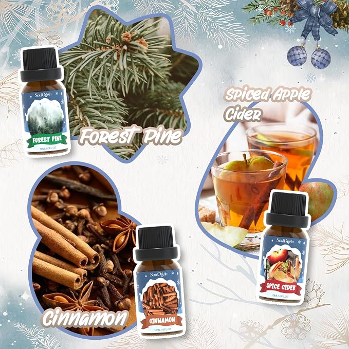 SoulOrigin Winter Essential Oils Set, Fragrance Oil Gift Set for Oil Diffusers, Scented Oils for Soap 6x10ml - Forest Pine, Spiced Apple Cider, Cinnamon, Mint Hot Chocolate, Gingerbread, and Cranberry
