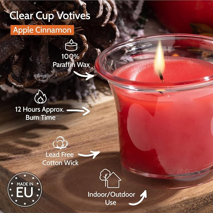 HYOOLA Clear Cup Scented Votive Candles - Apple Cinnamon - 12 Hour Burn Time - 4 Pack - European Made