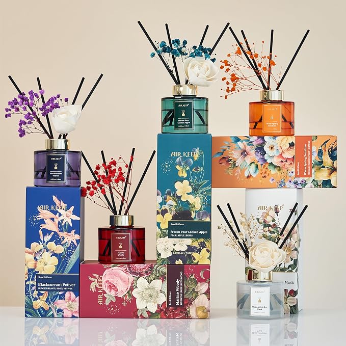 Airkeep Flower Reed Diffusers Set, 5.07 oz Clean Aldehydes Musk Scented Oil Diffuser with 8 Reed Sticks, Home Fragrance Diffuser Gift Set for Bathroom & Office Decor 150ml
