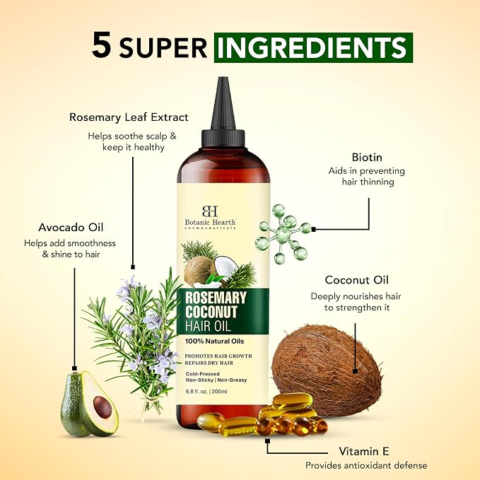 Botanic Hearth 100% Pure Rosemary Biotin Oil For Hair Growth & Hair Treatment Oils 6.7 Fl oz | Infused with coconut Oil | Hair Oil Repairs Dry Damaged Hair, Strengthening, Healthier | All Hair Types