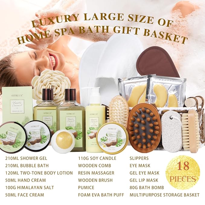 20Pcs Coconut Vanilla Spa Gift Basket for Women & Men, Face Skin Care Set, Bath & Body Set, Self Care Pamper Kit, Comb, Bath Bomb, Birthday, Christmas, Valentines, Mother Day, Anniversary