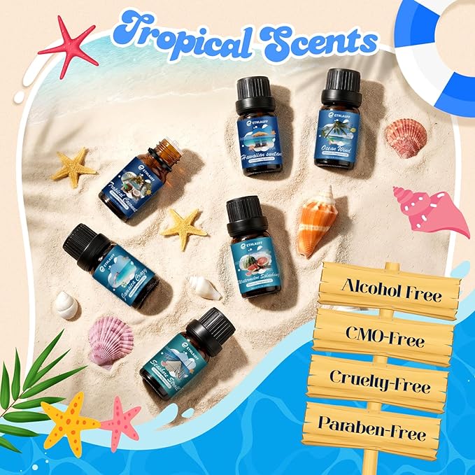 Summer Essential Oils for Diffuser - Ocean Wind, Tropical Coconut, Seashore Stroll, Hawaiian Suntan, Jamaica Crazy, Watermelon Splashing, Tropical Scented Oil for Home, Candle Making