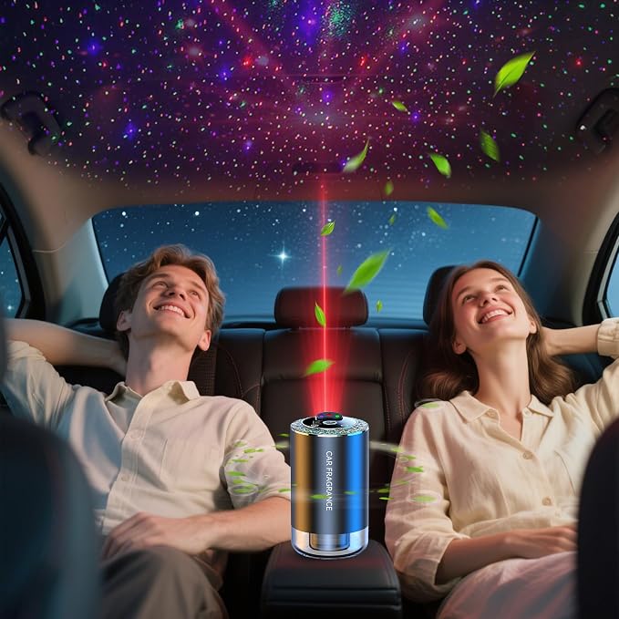 Smart Car Air Freshener Diffuser, Essential Oil Diffuser with 3 Colors Starry Sky Projection & 50ml Perfume, Auto ON/Off, 3 Mode Adjustable USB Rechargeable Aroma Diffuser, Ocean