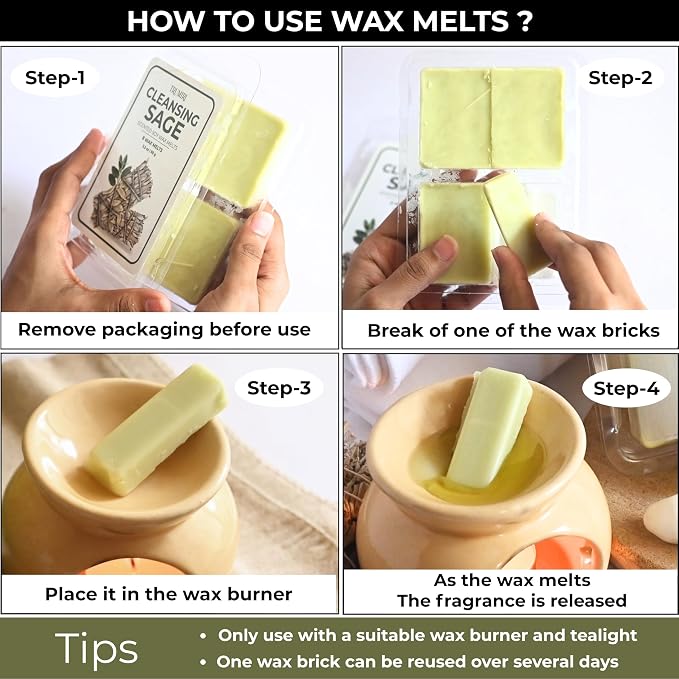 Cleansing Sage Scented Wax Melts - Made With Non Toxic Soy Wax And Essential Oils - Long Lasting Strong Scent Pet Safe Candle Wax Cubes Tarts For Warmers Pack Of 4 - For Cleansing Negative Energy